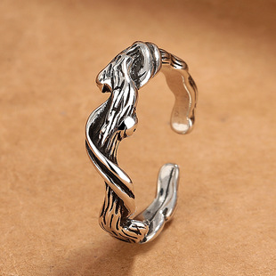 国风潮铜镀银手工饰品复古做旧工艺浮木戒指男女款开口个性冷淡风