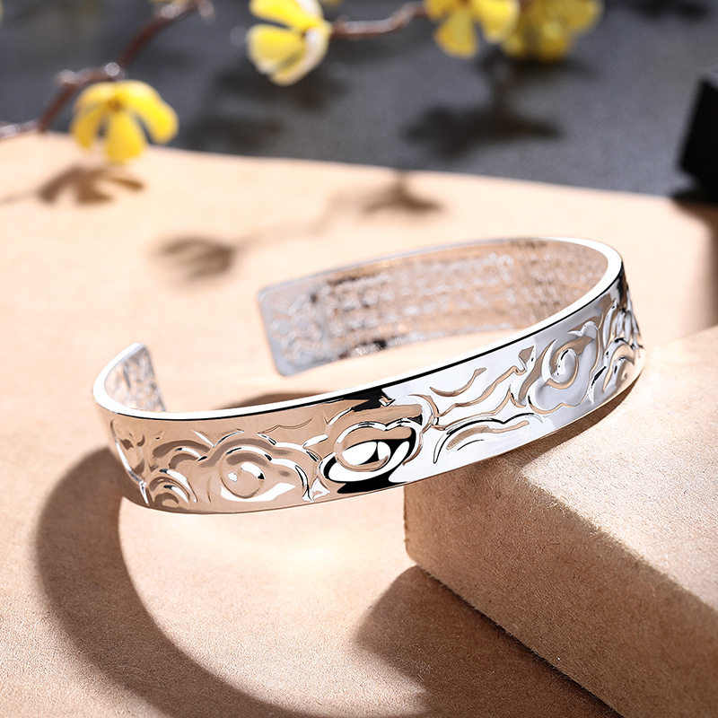 国风潮铜镀银手工饰品时尚潮流手镯复古心经祥云宽面潮人开口手环