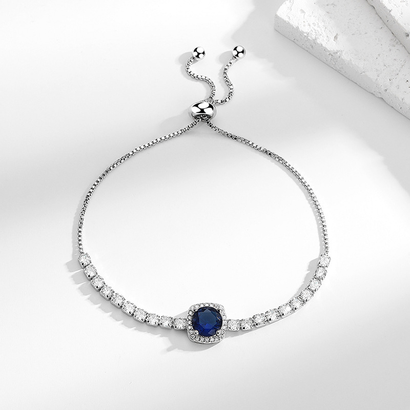 国风潮铜镀银手工饰品时尚一克拉彩色方包锆石手链女抽拉调节手串