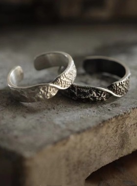 国风潮铜镀银手工饰品复古山海莫比乌斯情侣戒指泰银色开口520礼