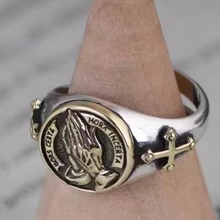 国风潮铜镀银手工饰品霸气大方男祈祷之手戒指复古开口福指环时尚