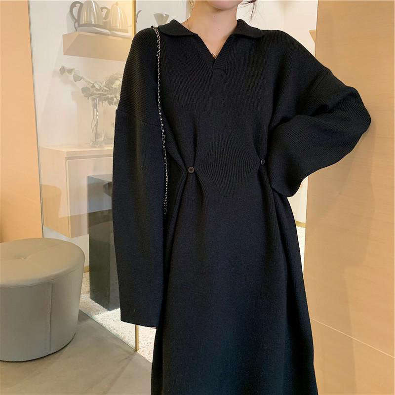 2020年秋冬新款打底收腰显瘦毛衣裙中长款过膝宽松针织连衣裙女装