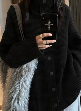 山羊绒针织开衫女中长款高领26秋冬新款宽松大码加厚毛衣外套