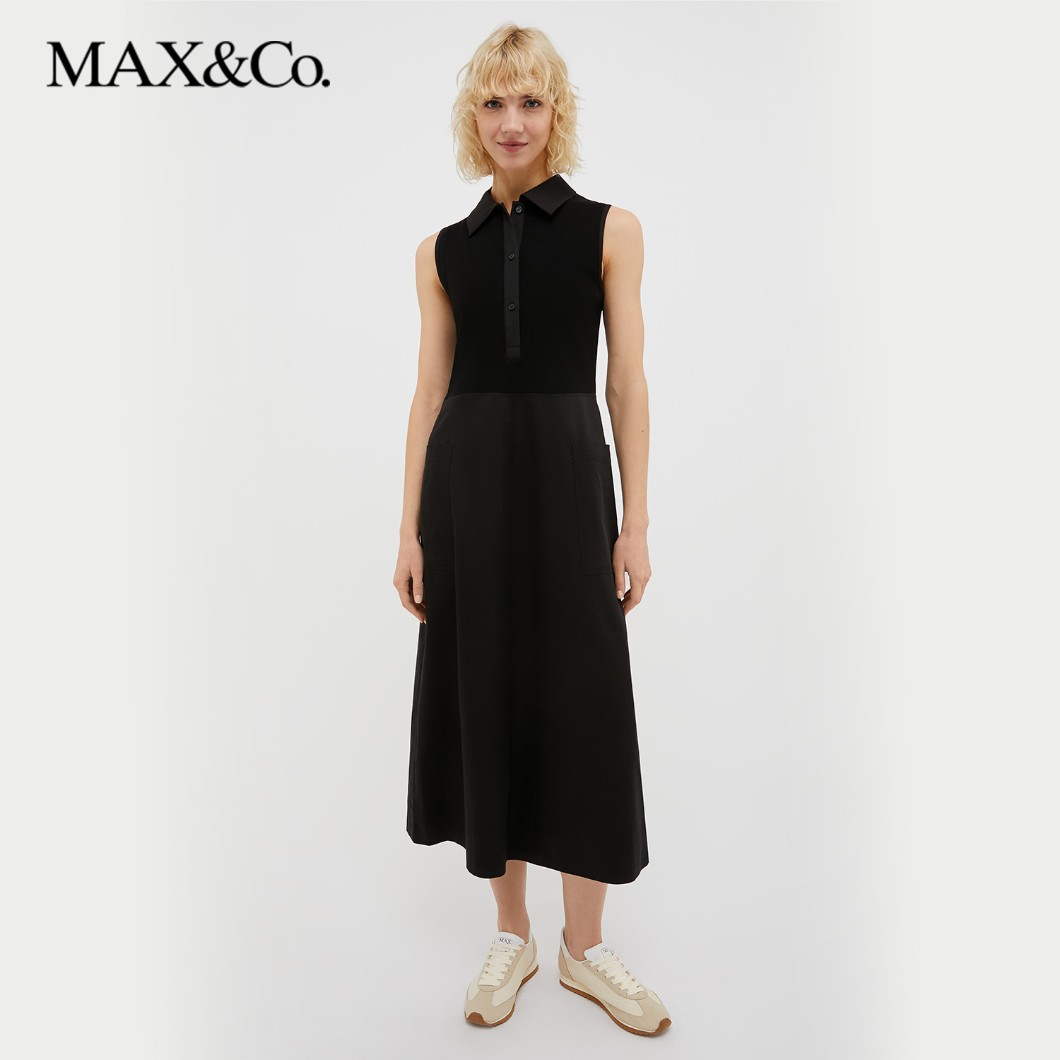 MAX&Co.黑色修身弹力polo式领口无袖连衣裙A字裙摆长裙6626014102