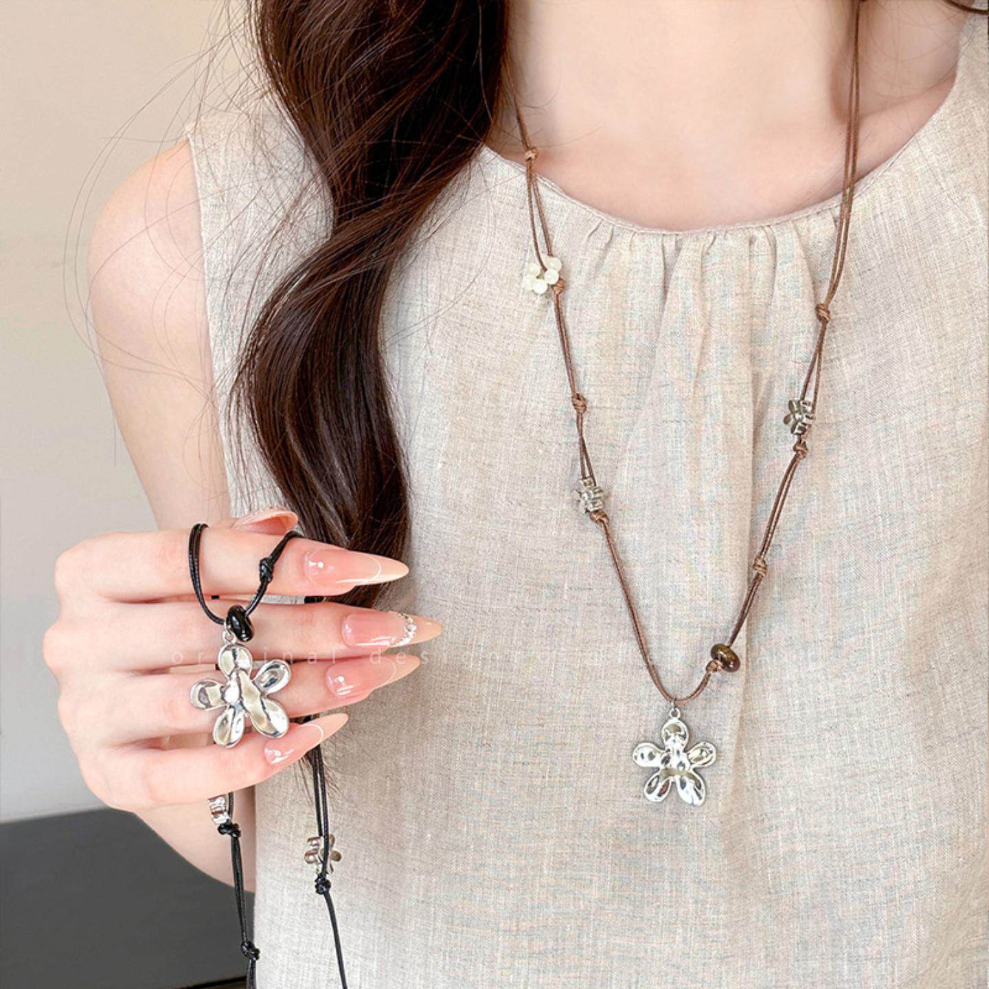 编织绳串珠小花朵项链女秋复古抽拉可调节配饰长款个性百搭毛衣链