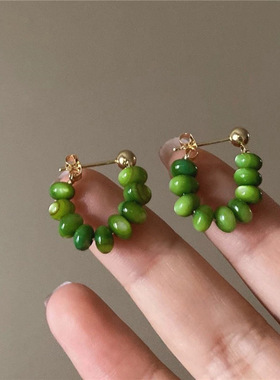 森绿湖畔~复古气质绿色圆圈耳环串珠感耳圈耳饰品女ins风