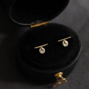 S925银镀14K金耳钉立体一字小圆裸钻耳饰日常简约时髦耳环