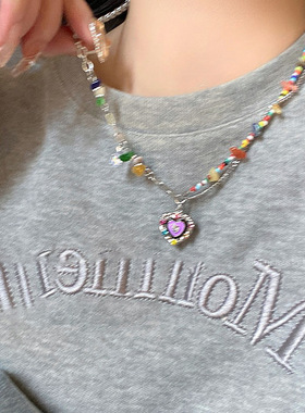七彩石爱心滴釉项链女夏季2023年新款小众配饰网红甜酷辣妹锁骨链