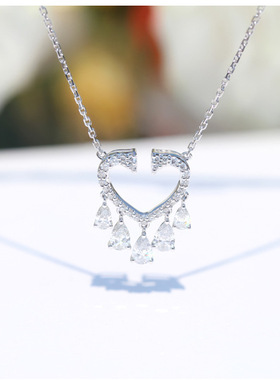 流苏欧美项链白金心形超闪钻石锁骨链 真钻彩金吊坠女士