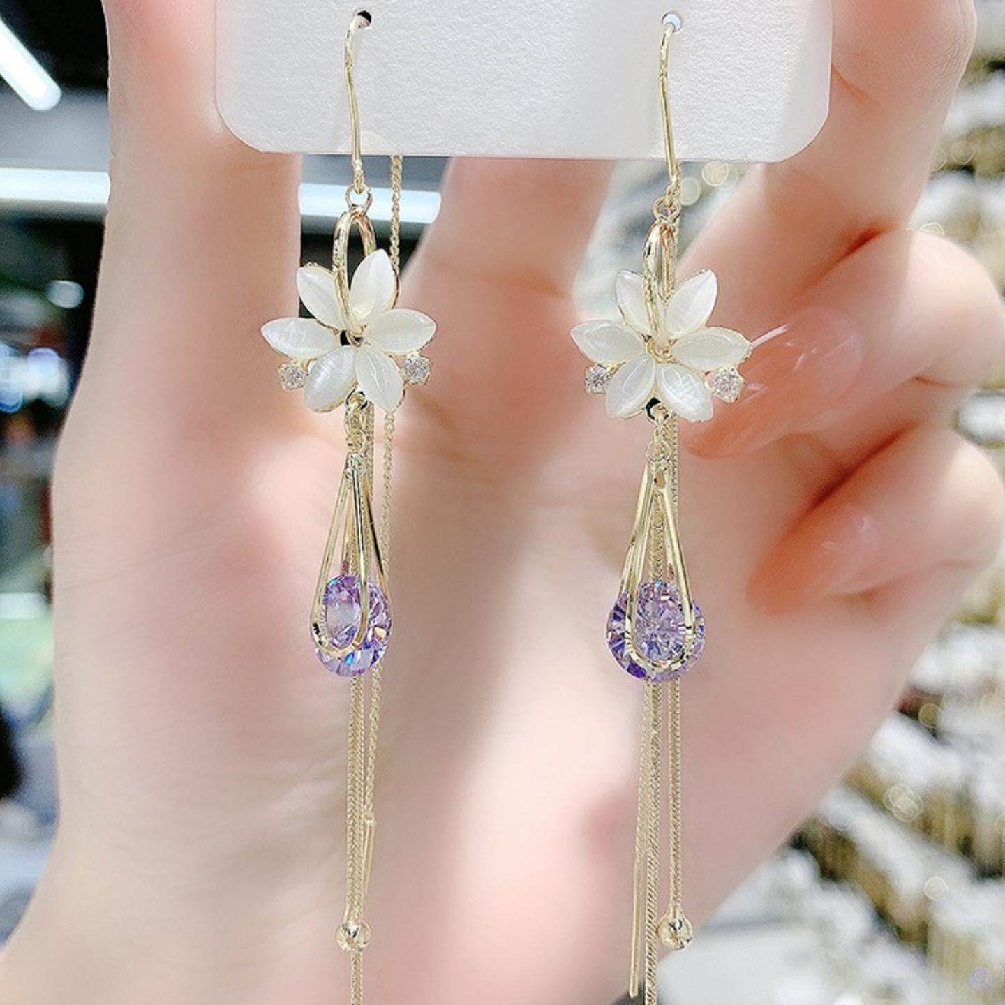 陌上开花猫眼石花朵耳环长款紫色锆石水滴流苏耳线超仙气质耳饰女