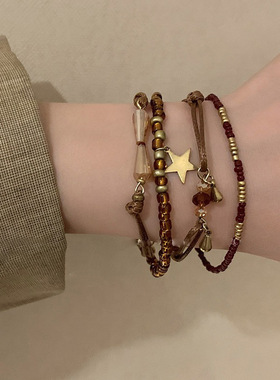 咖色系复古编织绳串珠手链女春夏2024新款手饰民族风套装手串