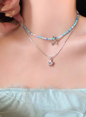 新款蓝色星星吊坠项链女甜美小众高级感ins气质百搭颈链锁骨链女