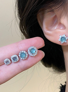 新中式小巧蓝绿色锆石耳钉耳钉女气质温柔显白个性时尚耳环耳饰