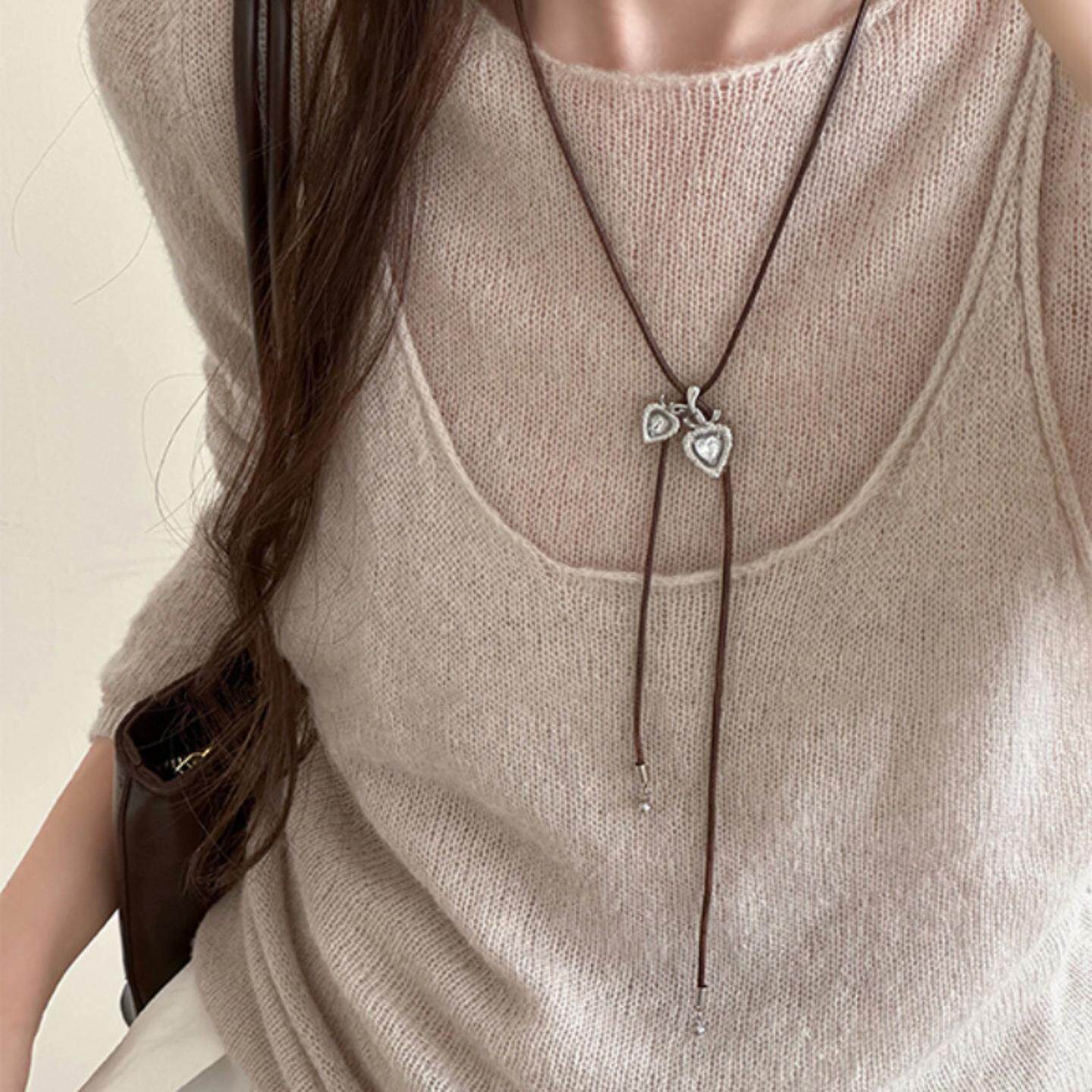 银色爱心锆石绳子项链女高级感小众设计锁骨链长款毛衣链装饰配饰