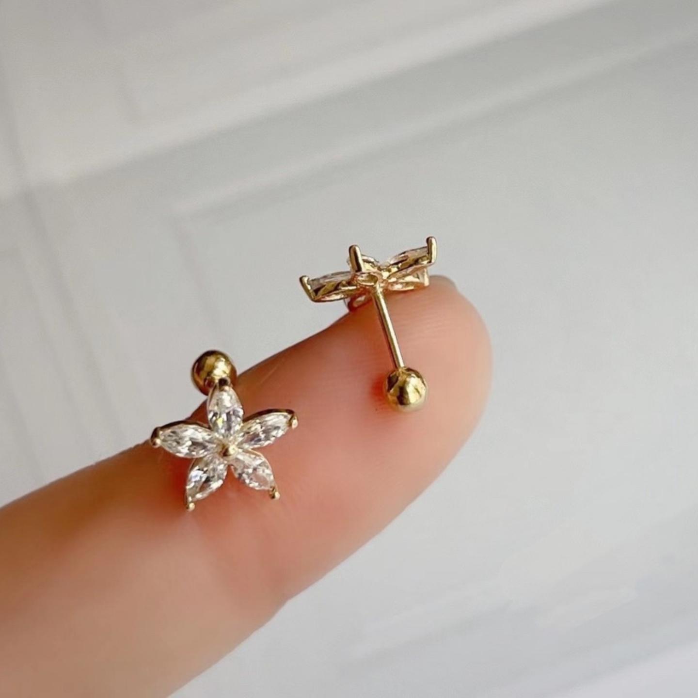 五瓣花~S925银镀18k金耳钉耳环拧