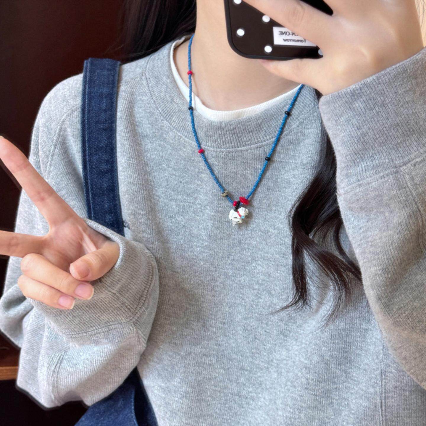 萌趣可爱奶牛吊坠蓝色串珠项链女夏季清新潮流时尚百搭颈链锁骨链