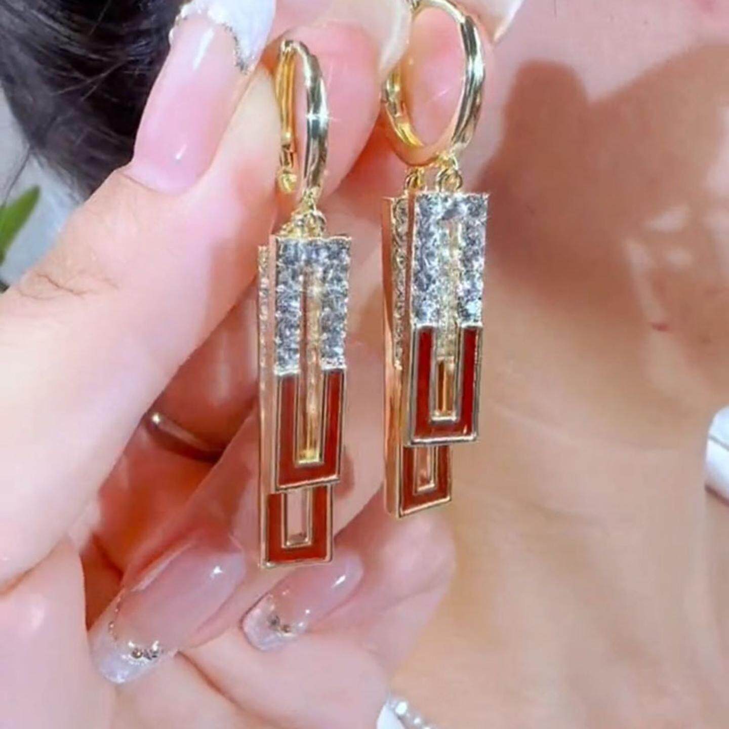 小众独特设计感法式复古几何拼色长方形吊坠耳扣闪钻红色滴釉耳环