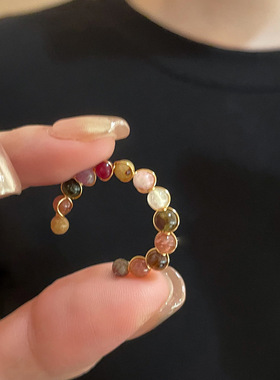 天然石碧玺戒指女轻奢小众设计感开口食指戒网红时尚个性戒指