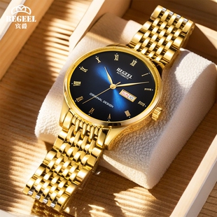 宾爵金表男士商务高端双日历蓝面款进口机芯全自动机械防水手表