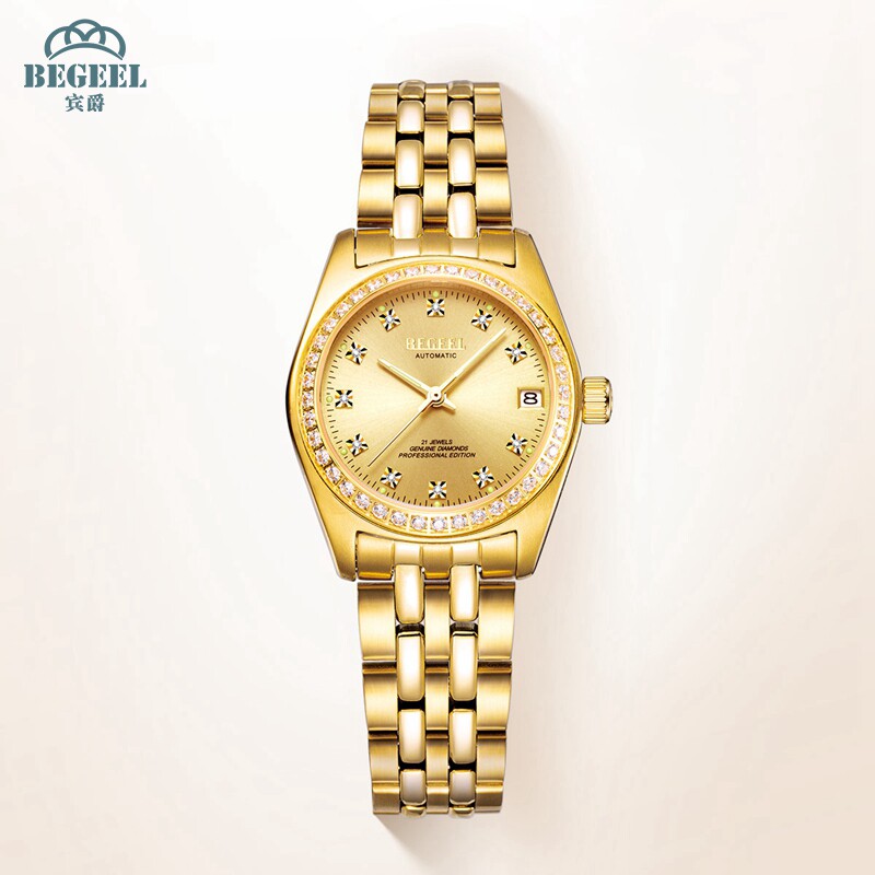 宾爵真钻金表女款全自动机械表轻奢小众腕表防水高级气质女士手表