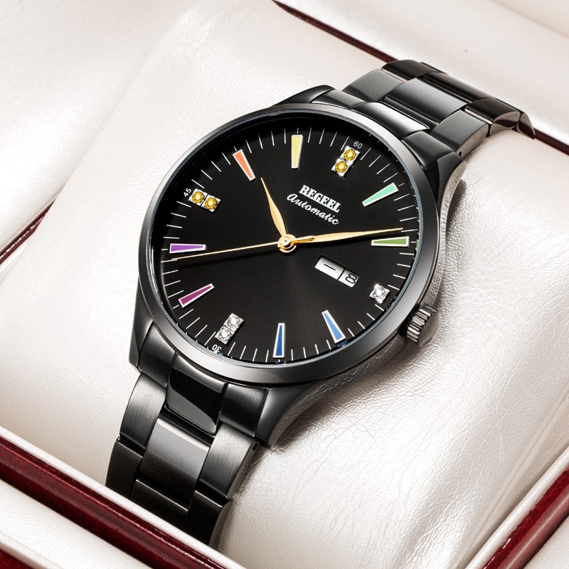 宾爵缤纷宝石男士全自动机械手表防水大表盘进口机芯双日历视窗