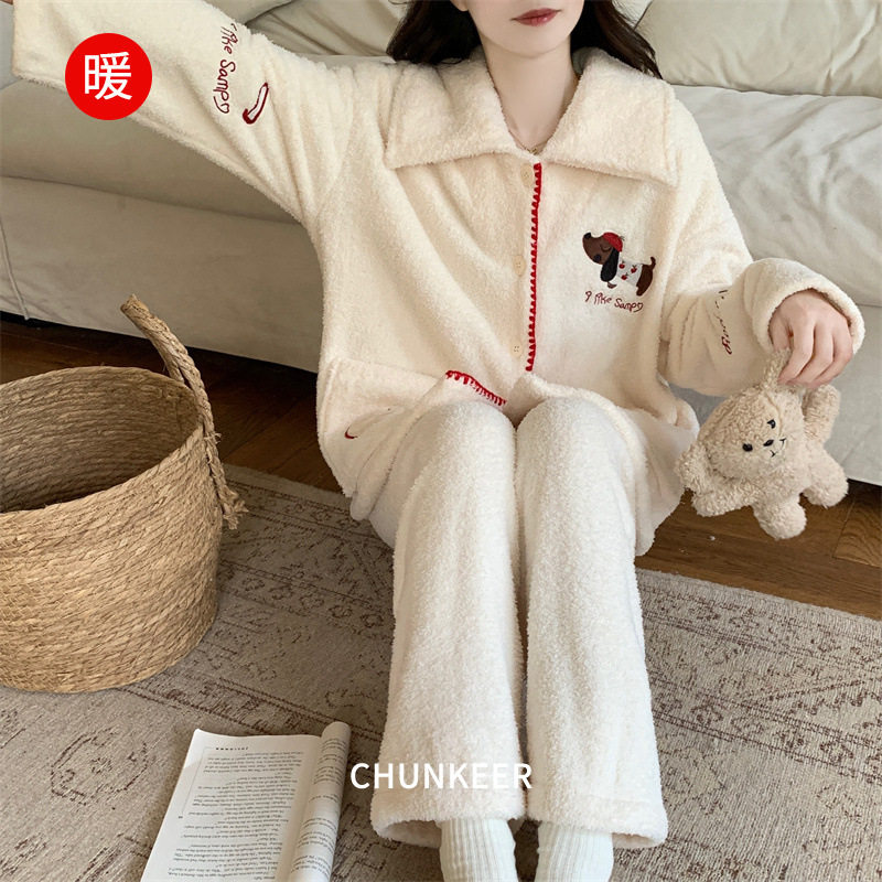 法国Gentle Motto新款半边绒睡衣女款秋冬季保暖加绒加厚甜美可爱
