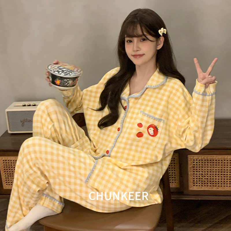 法国gentle motto春秋睡衣女款格子可爱长袖开衫甜美家居服加大码
