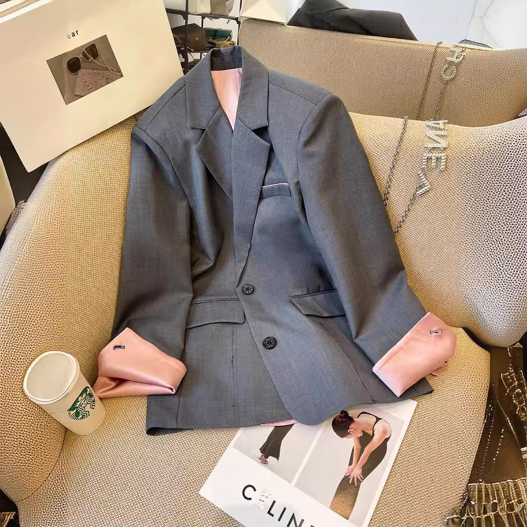 法国cherrykoko灰色西装外套女设计感春装时尚撞色西服拼接毛边