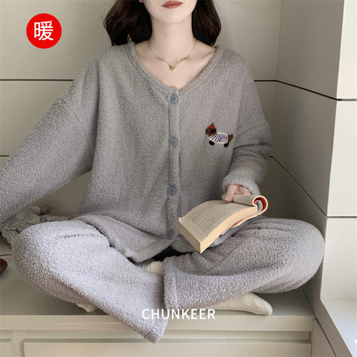 法国Gentle Motto半边绒睡衣女款秋冬季新款简约休闲开衫可外穿