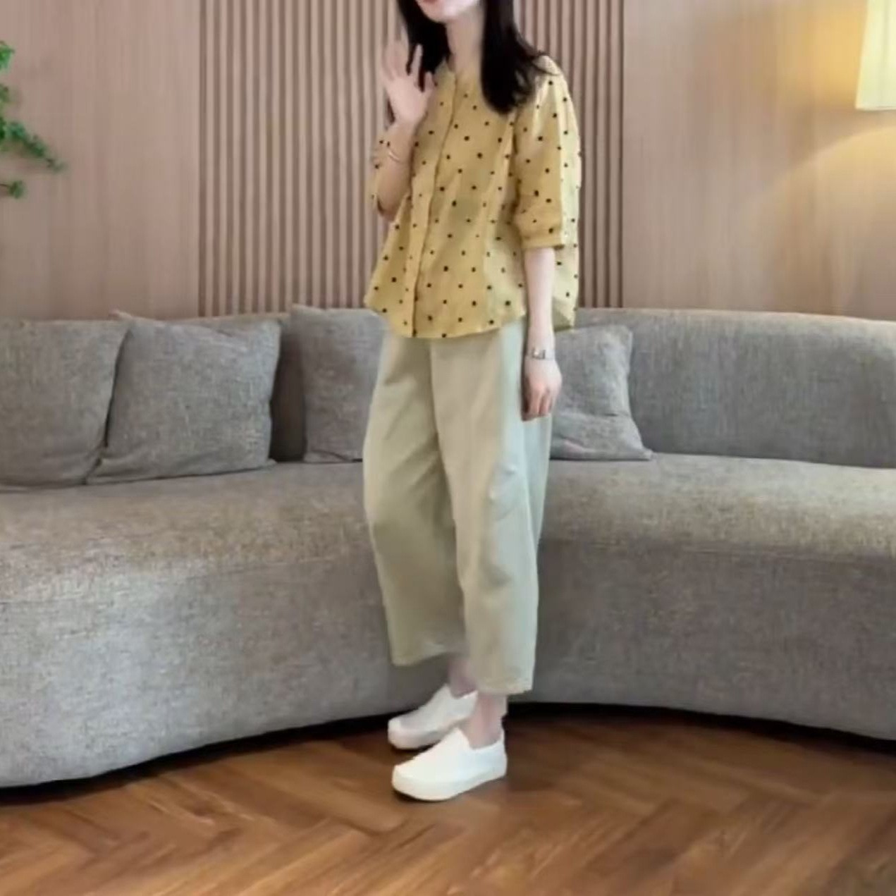 日系cherrykoko夏季新款法式甜美波点五分袖衬衫休闲裤减龄
