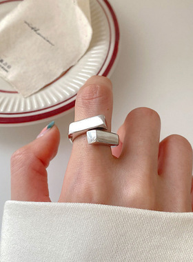 日系CherryKoko韩国交错长方块开口食指S925镀银戒指女时尚小众