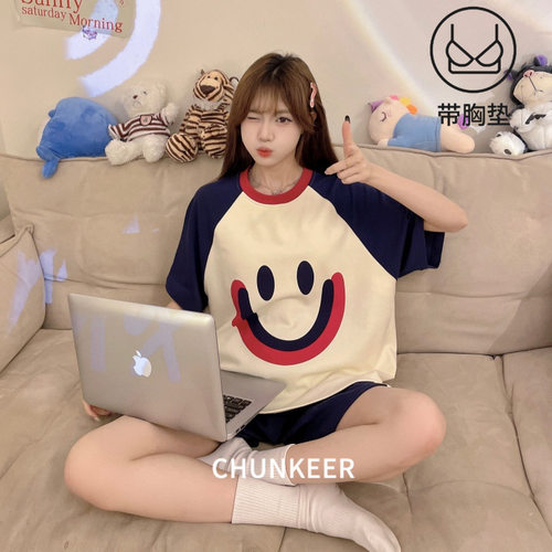 法国gentle motto夏季新款带胸垫短袖短裤薄款套头睡衣女休闲宽松