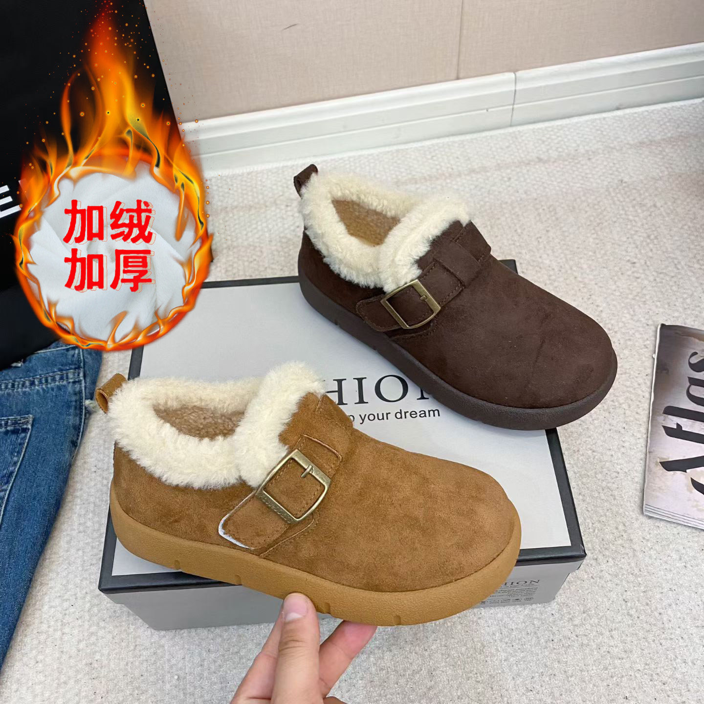 品牌魔术贴加绒勃肯鞋女冬季保暖懒人毛毛棉鞋防滑软底乐福豆豆鞋,女鞋,时尚雪地靴,淘宝优惠券,粉丝福利购,淘宝优惠卷