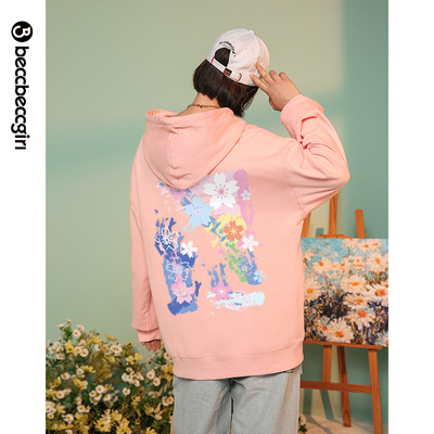 BECCBECCGIRL连帽卫衣女秋冬季樱花印花宽松休闲情侣新款加绒外套