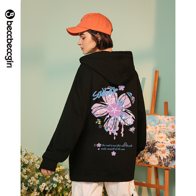 BECCBECCGIRL韩版卫衣女2024春秋新款樱花印花连帽套头设计感上衣
