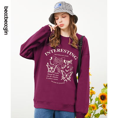 BECCBECCGIRL洋红紫加绒秋冬新款圆领卫衣女蝴蝶印花学院风13529