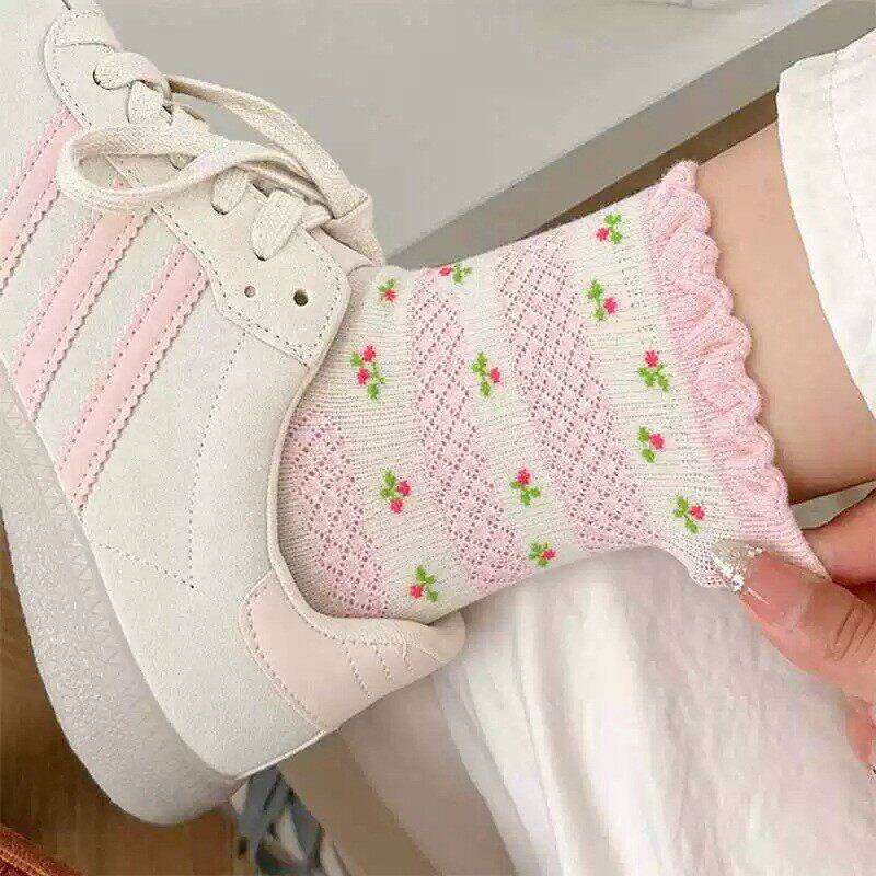 韩系粉色碎花袜子女甜美少女四季纯棉休闲袜花边日系蝴蝶结中筒袜