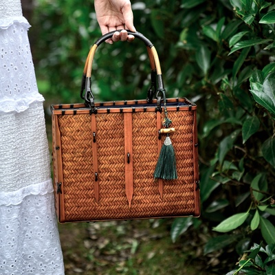 竹编包茶道束口手提复古茶具收纳竹制品工艺品竹篮子手工编织包