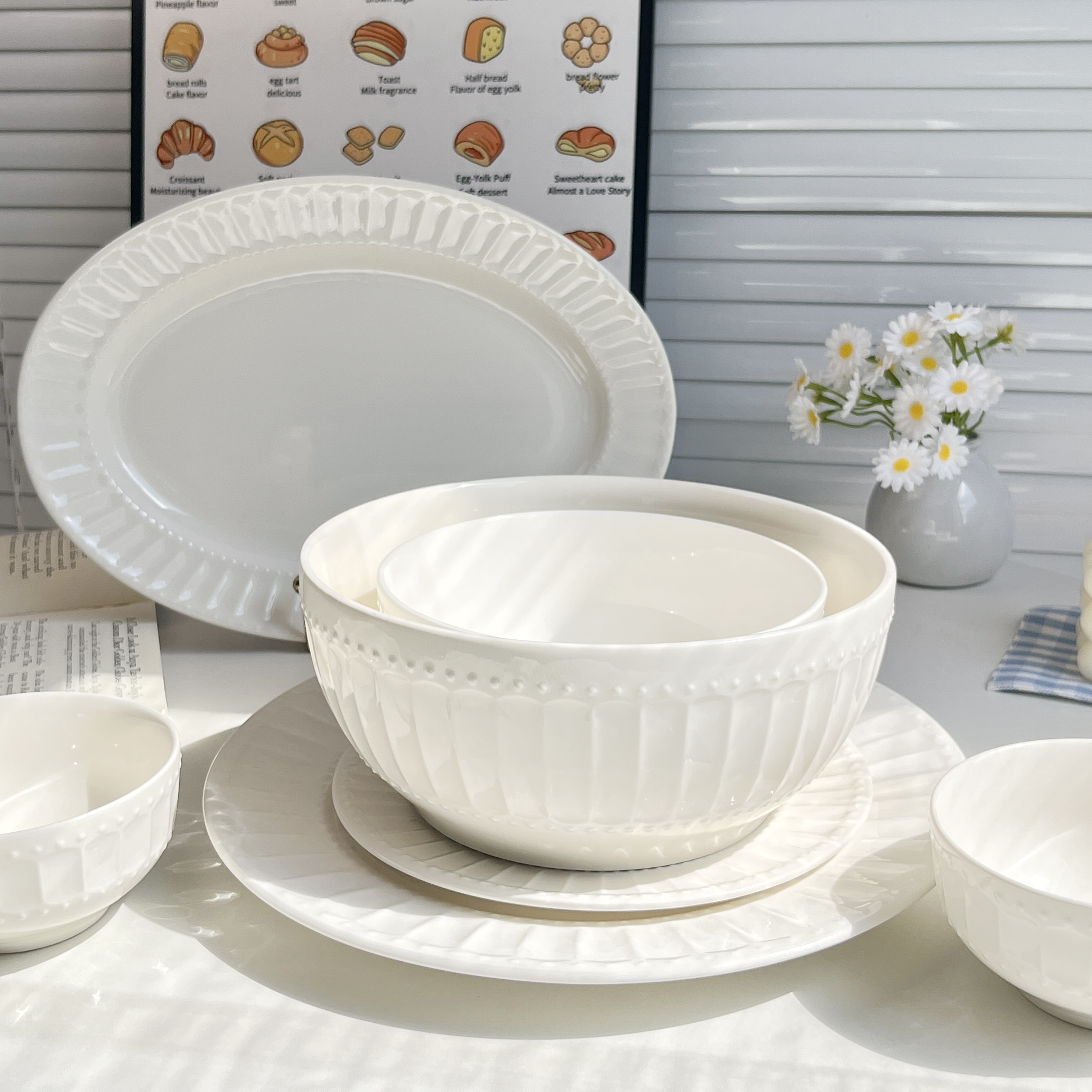 超大容量陶瓷汤碗浮雕西餐