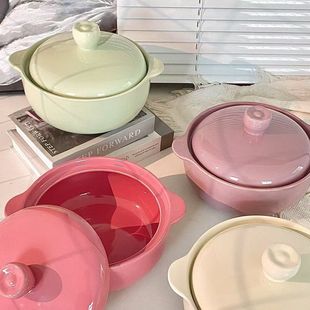 大容量汤盆耐高温可进冰箱 奶油双耳陶瓷带盖汤碗家用高颜值新款
