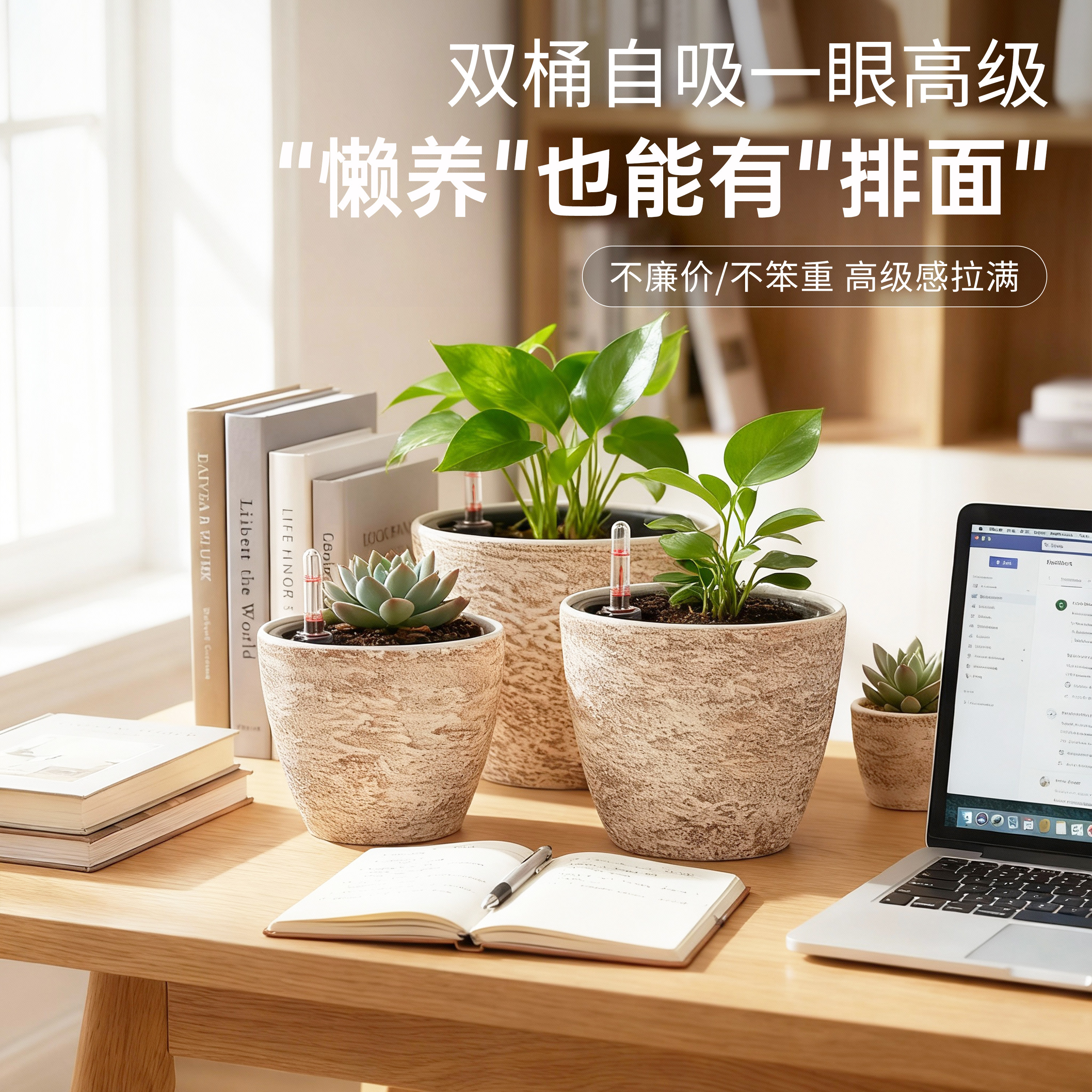 懒人自动吸水花盆塑料新型仿石侘寂风轻奢绿萝花盆小号储水控根盆