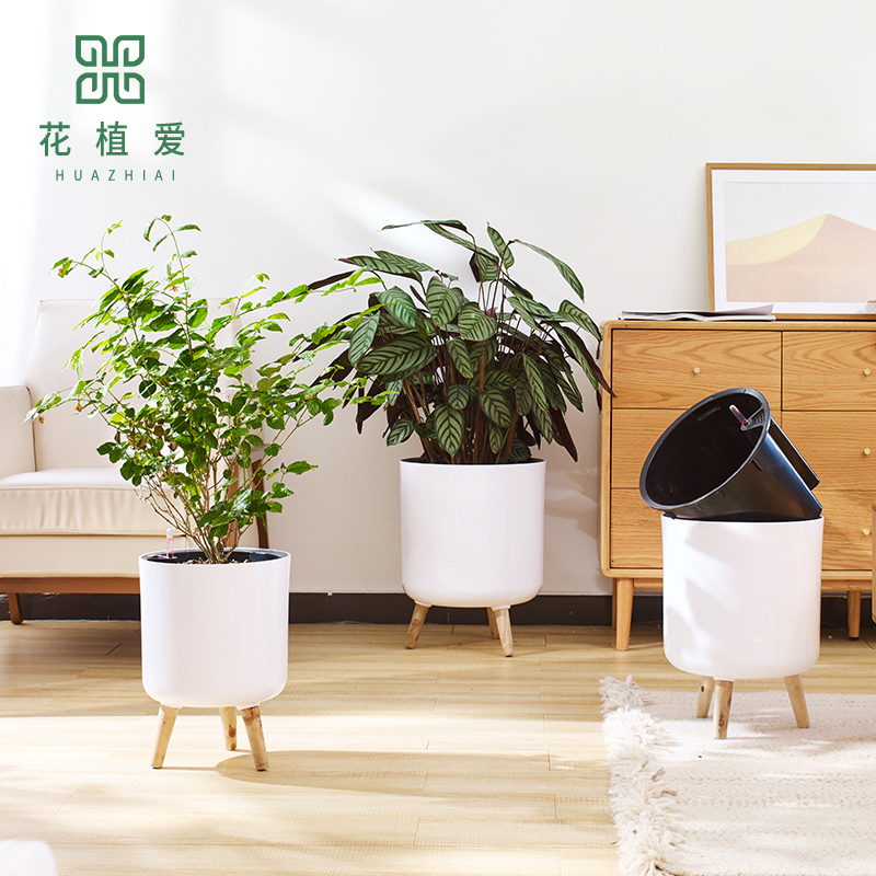 现代日系带脚客厅简约花盆自动吸水懒人大号绿萝轻奢北欧落地花盆