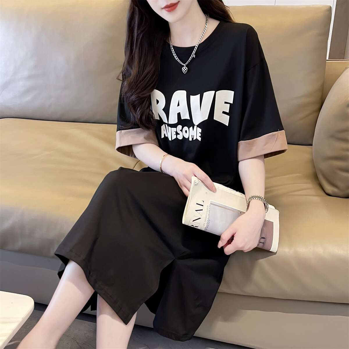 纯棉韩系宽松慵懒风字母t恤裙女夏新款小个子休闲显瘦圆领连衣裙