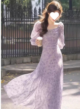 法式紫色碎花小众连衣裙2025春夏新款度假风超仙女收腰长