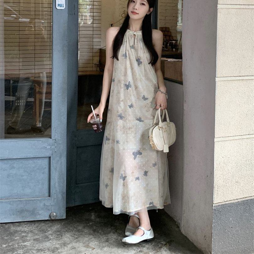 kumikumi新中式蝴蝶印花盘扣挂脖连衣裙女夏季重工茶歇裙A字裙子