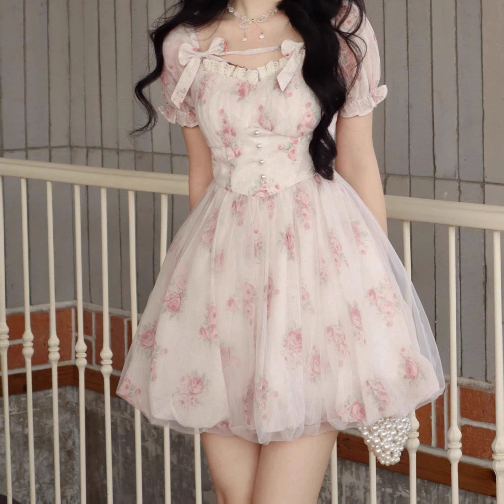 法式甜美碎花雪纺连衣裙女收腰气质仙女小个子高级设计感公主短裙