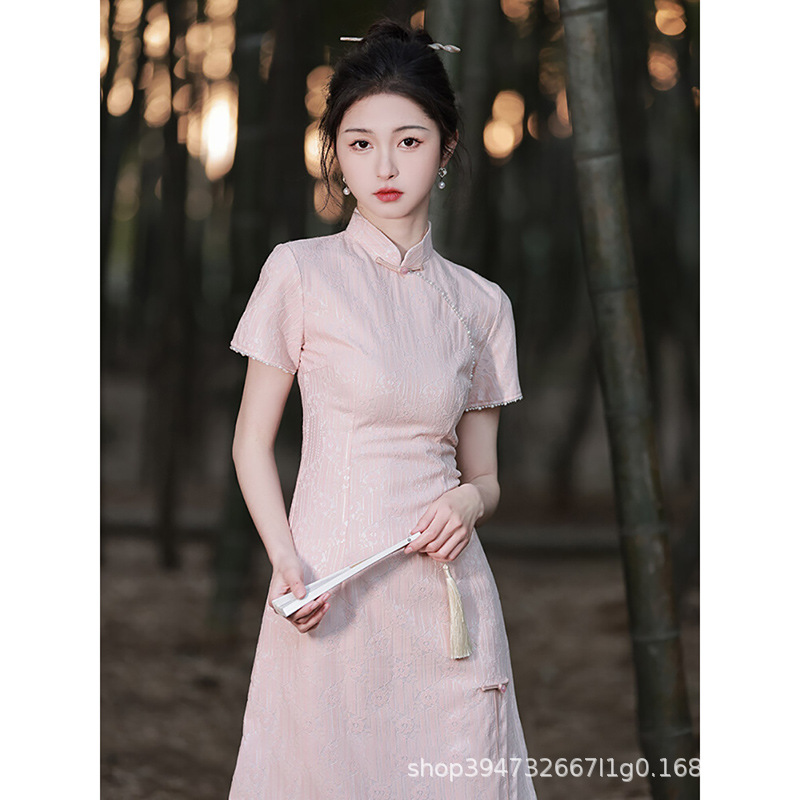 小个子旗袍新中式粉色2023新款遮肚款少女高级感复古短款连衣裙夏