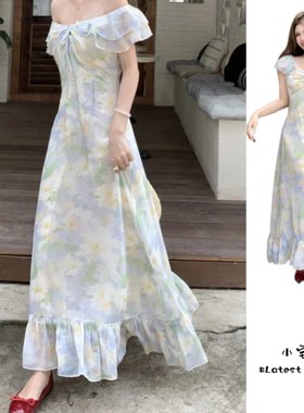 2025法式小飞袖碎花雪纺连衣裙女夏季温柔风气质收腰a字裙长裙