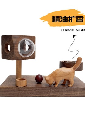 猫咪元素实木香薰精油扩香木制猫舍喝水小猫手作可爱装饰木质摆件