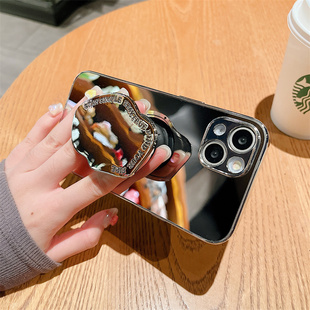 奢华银色iPhone17promax手机壳镜子支架16pro苹果15 13补妆镜面12苹果11全包XR防摔华为mate70适用pura80